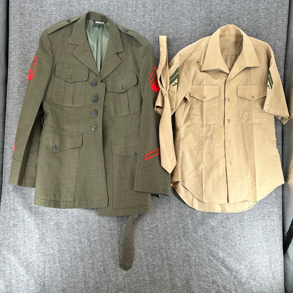 Vintage 1968 USMC Wool Serge Service Coat 39L Khaki Shirt Tie Belt Set Men